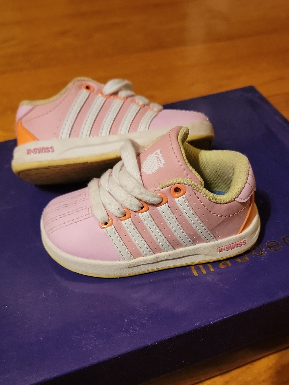 K-Swiss Pink and White Kids Sneakers with Orange Accents